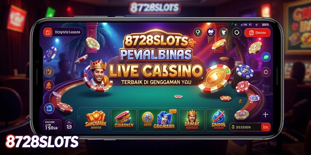 Screenshot gameplay 8728SLOTS menampilkan dealer langsung dan permainan slot yang menyenangkan.