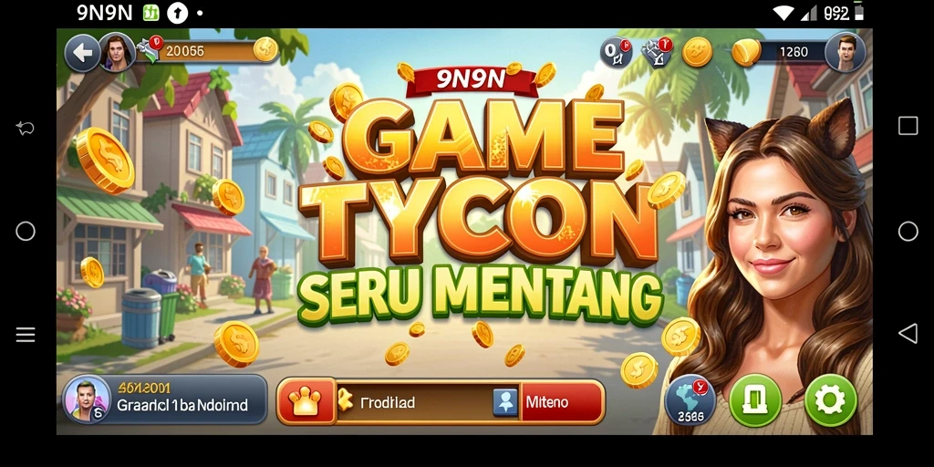 Screenshot utama 9N9N menunjukkan gameplay manajemen bisnis yang seru.