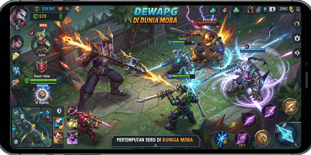 Tampilan seru gameplay DEWAPG dengan aksi MOBA intens.