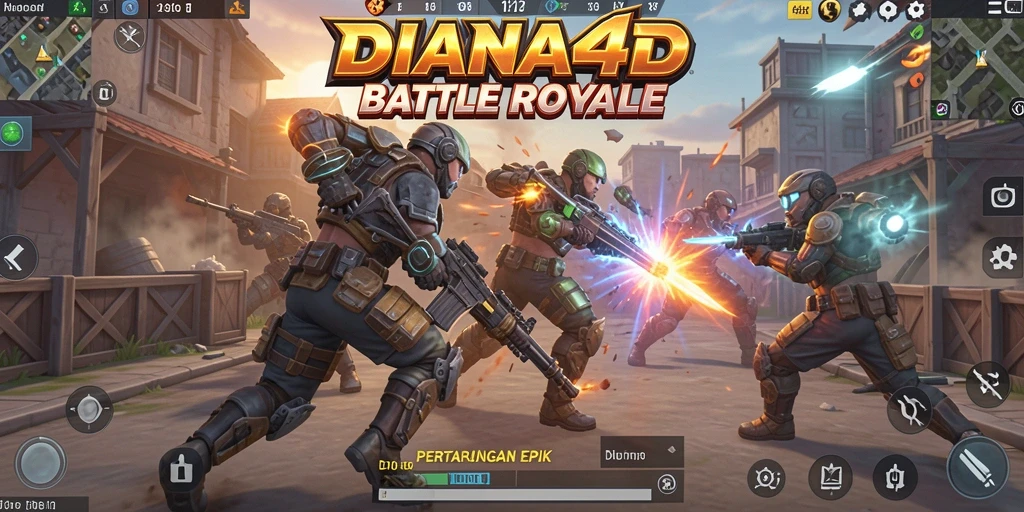 Screenshot utama DIANA4D menampilkan aksi pertempuran di arena Battle Royale.