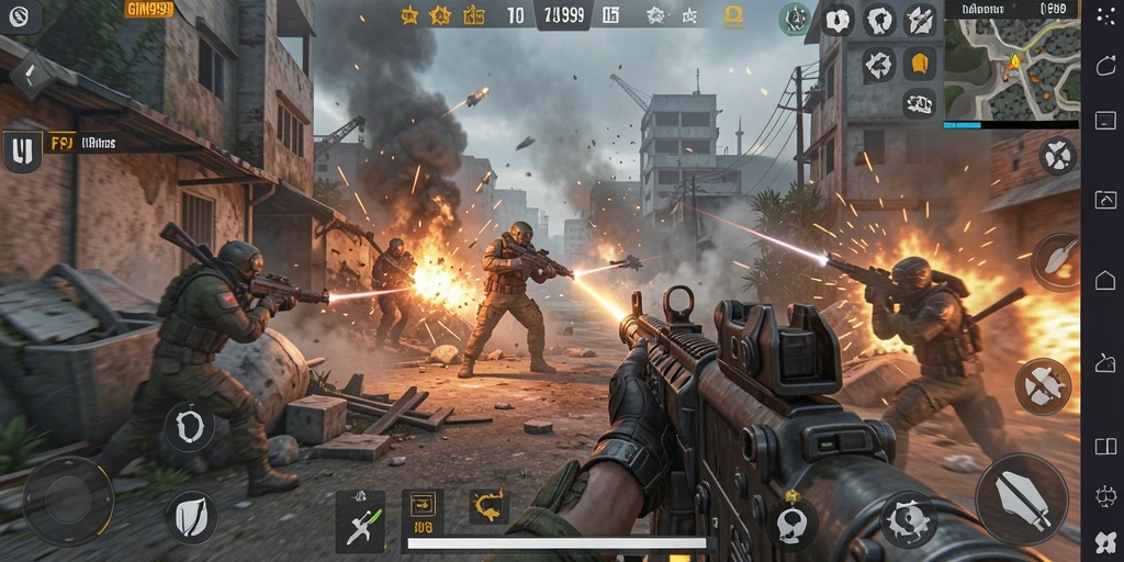 Screenshot utama GIM999 menampilkan aksi pertempuran FPS yang mendebarkan.