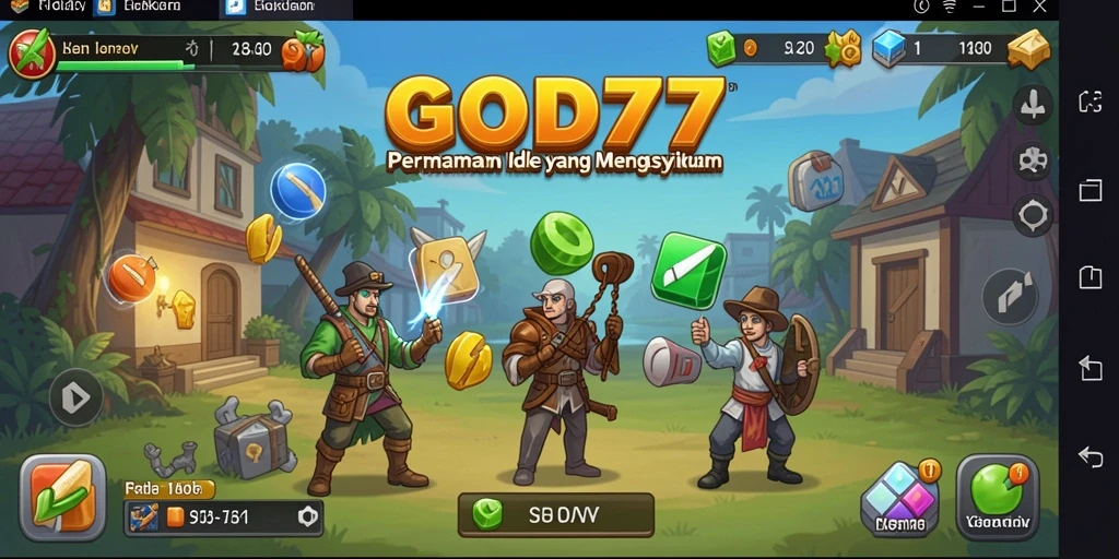 Tampilan gameplay Idle GOD77 dengan karakter yang berkembang.