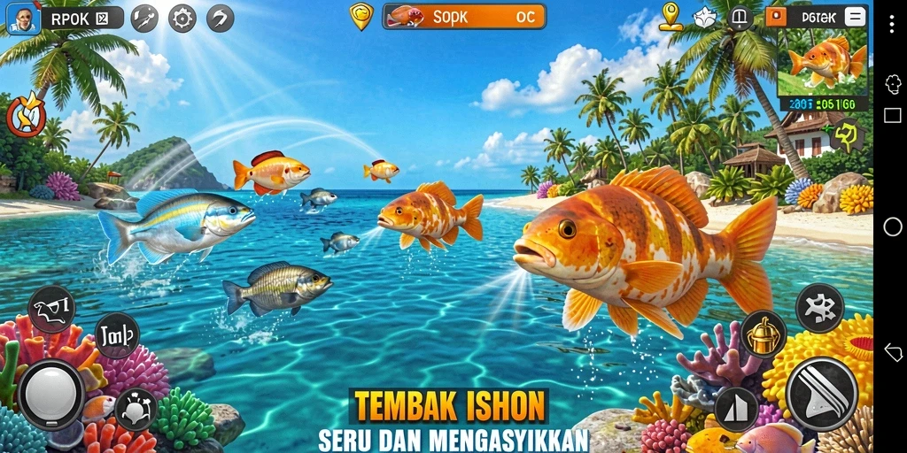 Screenshot permainan RPOK menampilkan aksi seru dalam menembak ikan.