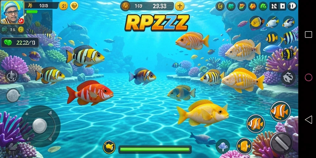 Screenshot RPZZZ menampilkan pemain menembak ikan di bawah laut.
