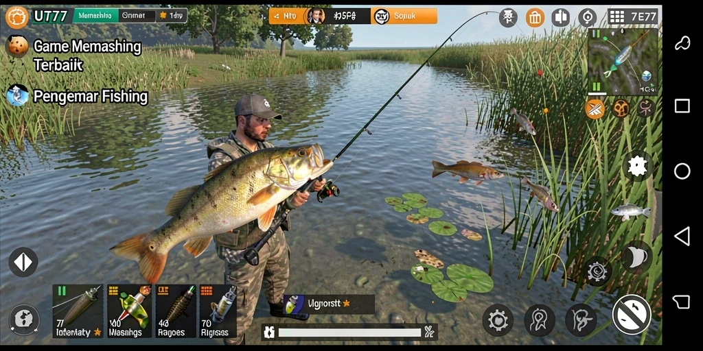 Tampilan gameplay UT77 saat menangkap ikan di lokasi yang indah.